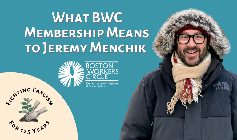 graphic with text "WHAT BWC MEMBERSHIP MEANS TO JEREMY MENCHIK" with picture of Jeremy smiling in a fluffy hooded winter coat