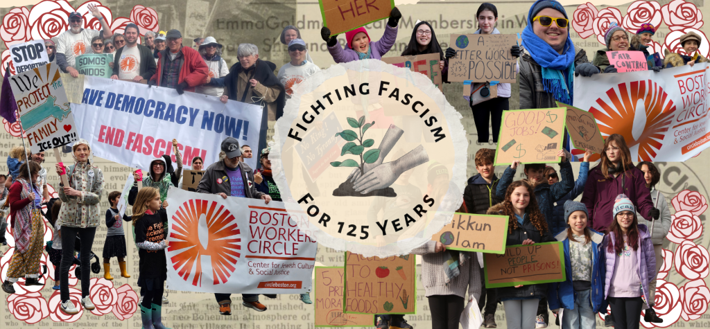 graphic that says "Fighting Fascism for 125 Years" There are many pictures of BWC members, young and old, collaged over newsprint.