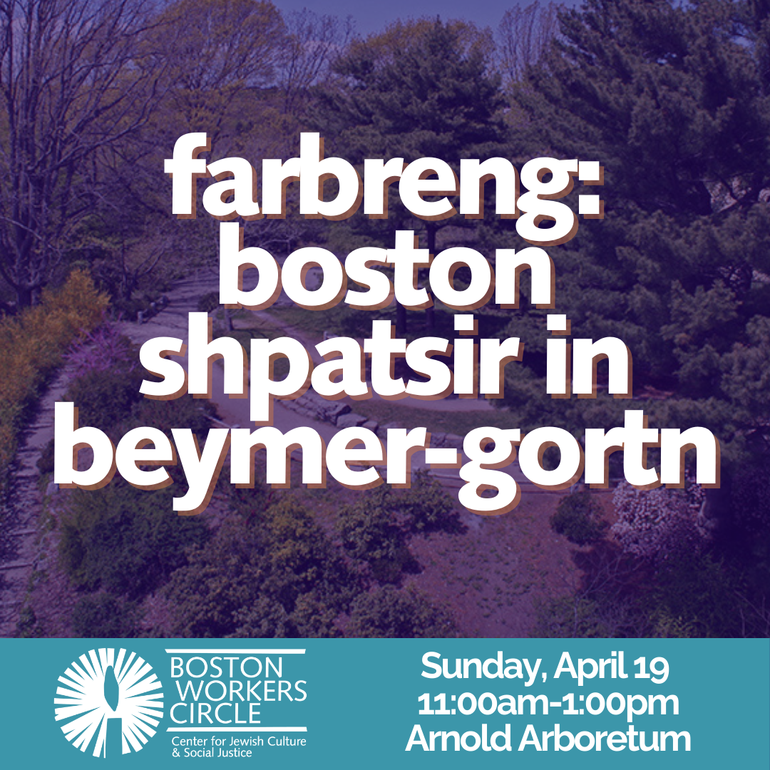 graphic for event - purple overlay over picture of Arnold Arboretum with white text 'Farbreng: boston shpatsir in beymer-gortn' with a strip of teal at the bottom with the BWC logo with text that says 'Sunday, April 19 | 11:00am-1:00pm | Arnold Arboretum'