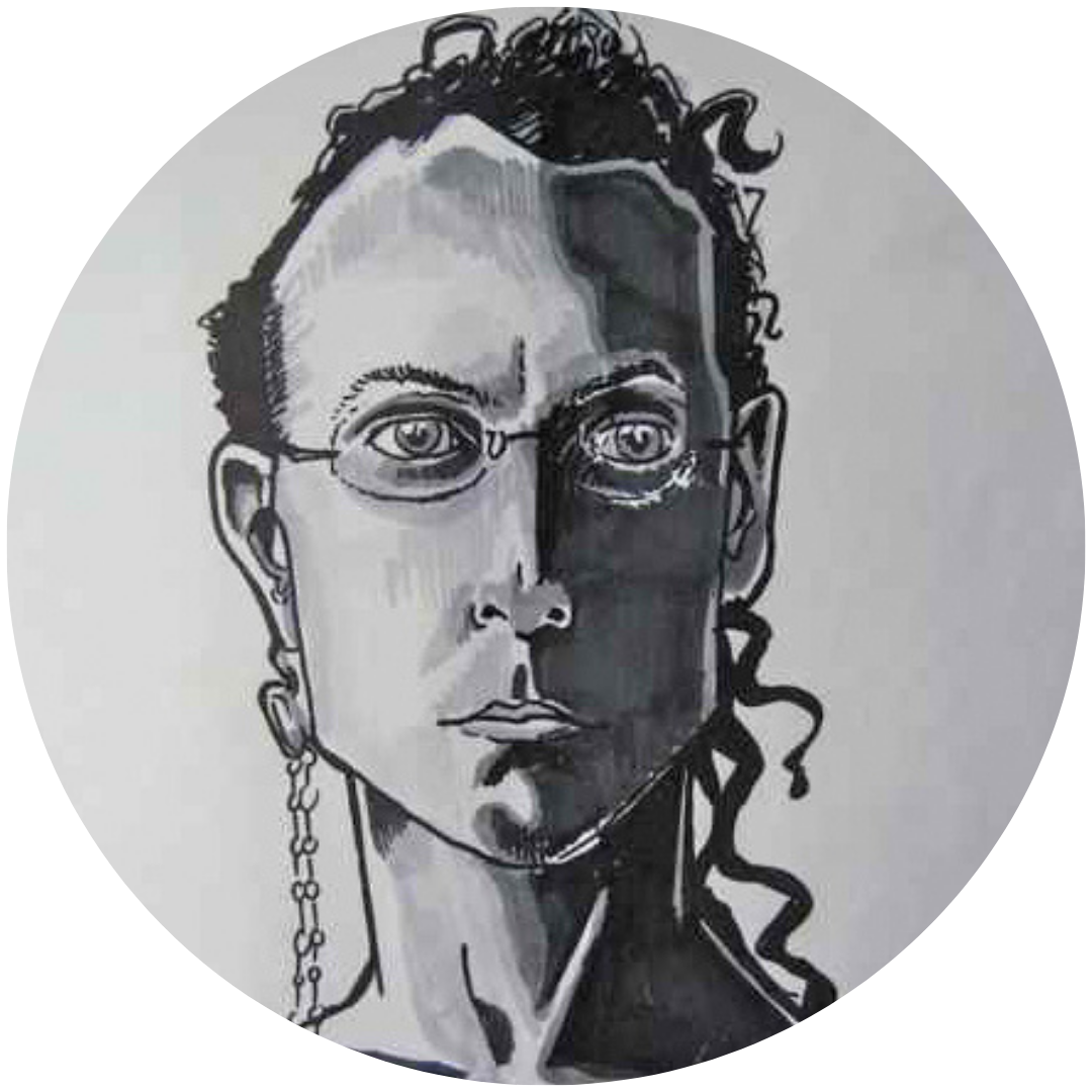 headshot of rosza daniel lang/levitsky - a drawing of a person with glasses and long hair