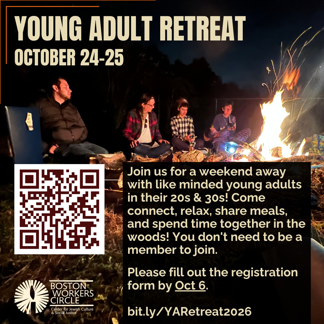 graphic that says 'Young Adult Retreat | October 24-25 | Join us for a weekend away with like minded young adults in their 20s & 30s! Come connect, relax, share meals, and spend time together in the woods! You don't need to be a member to join. | Please fill out the registration form by Oct 6. | bit.ly/YARetreat2026'